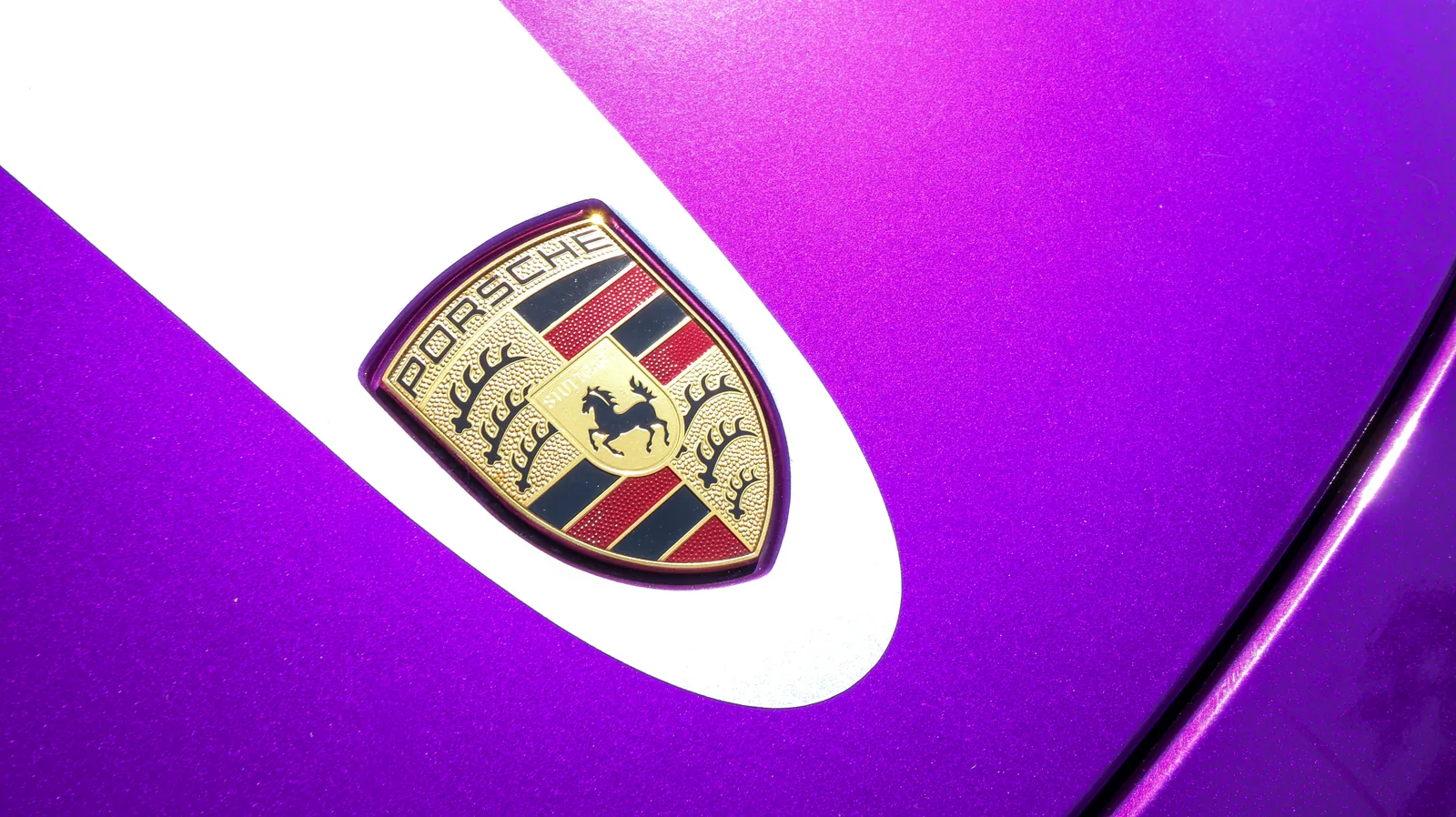 Close-up of a car crest on purple metallic paint